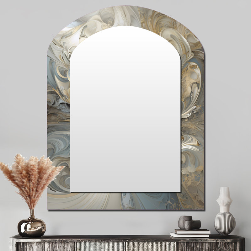 Fractal Whirl en rétro or et blanc - grand miroir mural de forme irrégulière fractal, miroir unique asymétrique moderne, art imprimé en métal