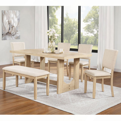 6 Piece Dining Table Set with Bench, Wooden Rectangular Kitchen Table Set with Bench and 4 Upholstered Chairs for Living Room, Kitchen, Dining Room, U-shaped base