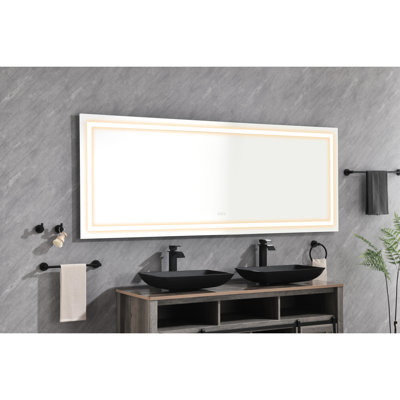 Miroir de salle de bain à DEL 84 po x 30 po, fixation murale, brouillard, 3 couleurs réglables, gradation continue, miroir en verre 84 de 30 po avec modes couleur, intensité variable, verre HD, garniture en aluminium
