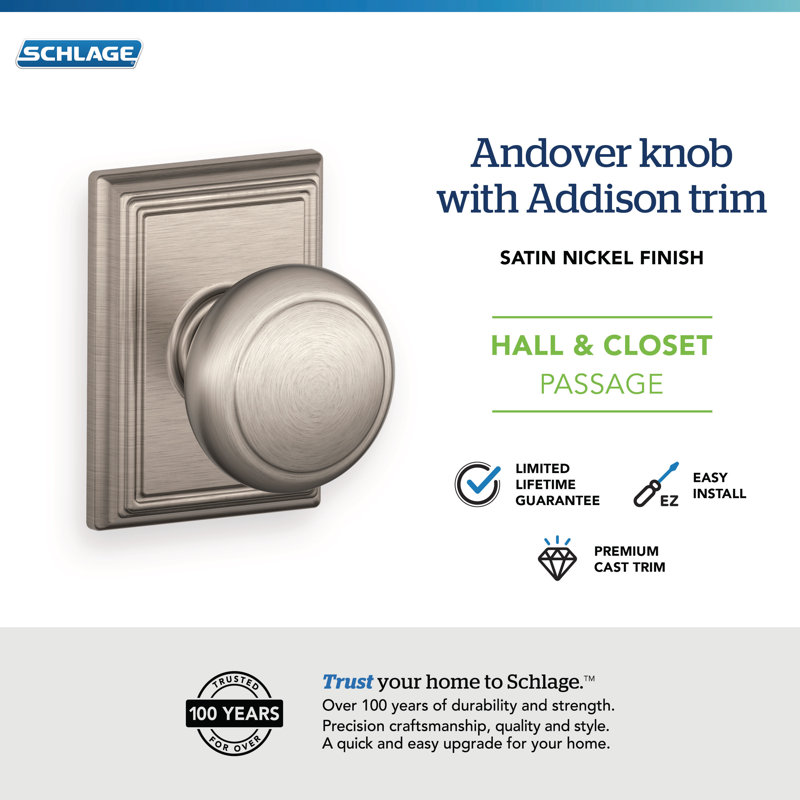 Andover Knob with Addison Trim Hall and Closet Lock, Satin Nickel