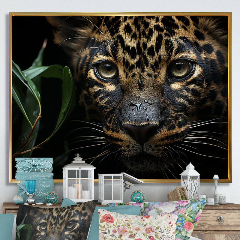 " Candid Jungle Captivation Leopard ", Gold Floater Framed, 34" H x 44" W x 1.5" D