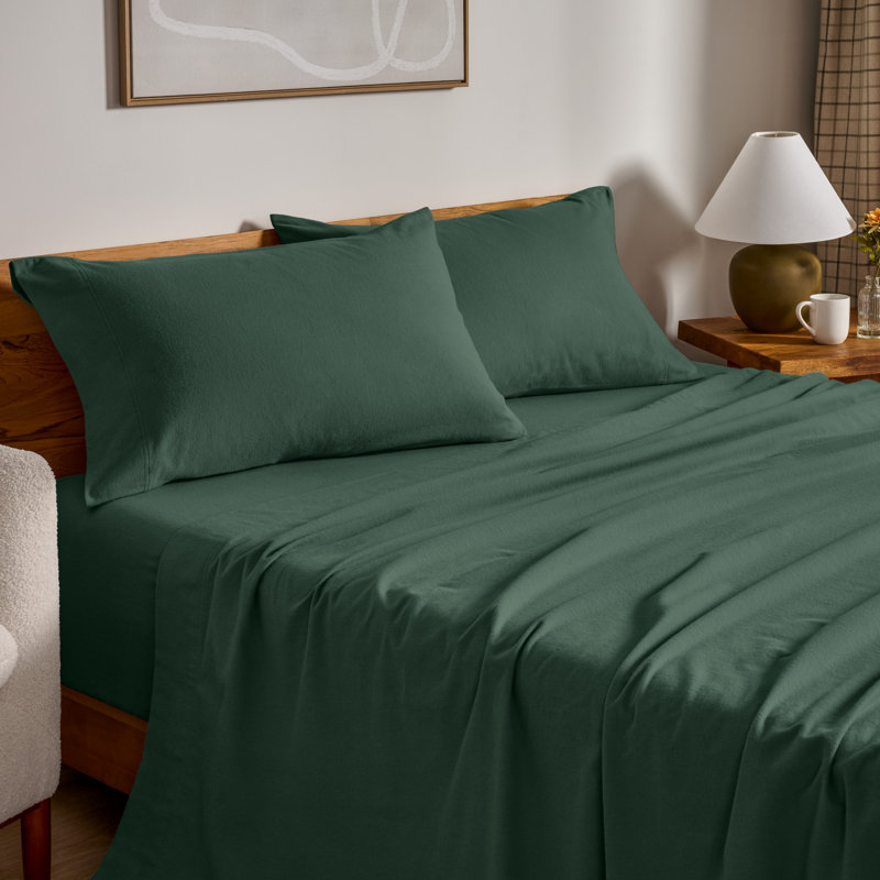 100% Cotton Flannel Sheet Set, Twin Sheet Set with 1 Pillowcase, Forest Green