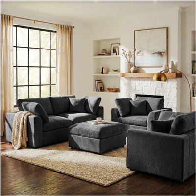 Ensemble de canapé 4 pièces, 2 fauteuils d'appoint + causeuse + repose-pieds mobile, ensemble de canapé revêtu de chenille avec structure en bois massif, comprend 3 coussins décoratifs, ensemble de mobilier de salon moderne