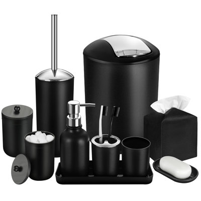 Black Bathroom Accessories Set, 10Pcs Bathroom Accessory Set With Trash Can, Soap Dispenser And Toothbrush Holder, Soap Dish, Cotton Ball & Qtip Holder, Toilet Brush Holder, Tissue Box Cover