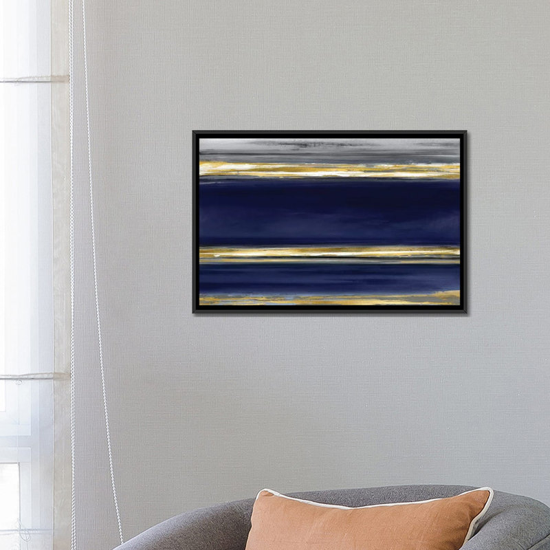 «Parallel Lines on Indigo», impression sur toile, H 18 po x l 26 po x P 1,5 po, Toile avec cadre noir, Pas de tapis