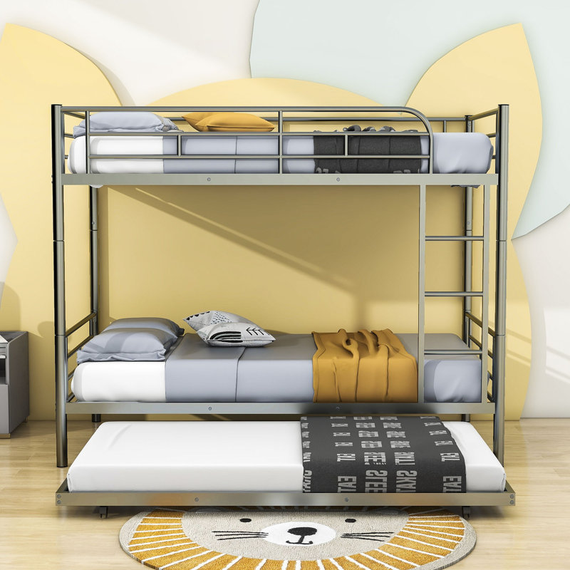 Twin Over Twin Metal Standard Bunk Bed With Twin Size Trundle, Silver