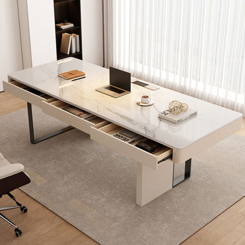White Rectangular Sintered Stone Writing desk with drawers desk, 29.53"H*70.87"W*27.56"D