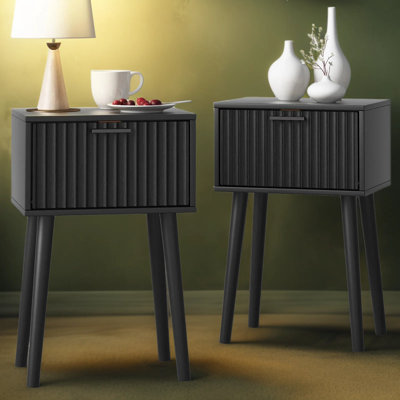 Mid-Century Modern Nightstand Set Of 2 With Fluted Door, Solid Wood Legs, And Compact Design For Bedroom Or Living Room Side Table