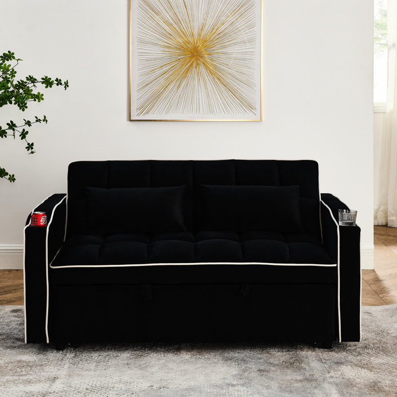 Lit en velours de 55,51 pouces, dossier réglable et support de chargement noir, 3 lits en velours, dossier, port, cendrier, support pour téléphone portable, 2 coussins confortables