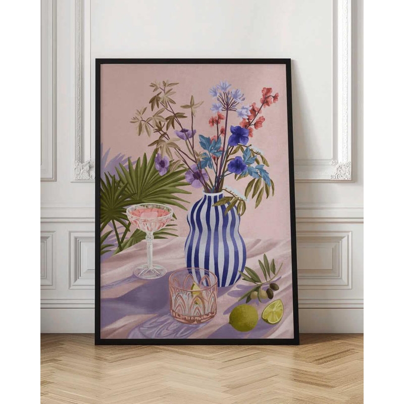 Vase rayé et agrumes - Nature morte moderne, reproduction d'art, H 32 po x l 24 po, Noir