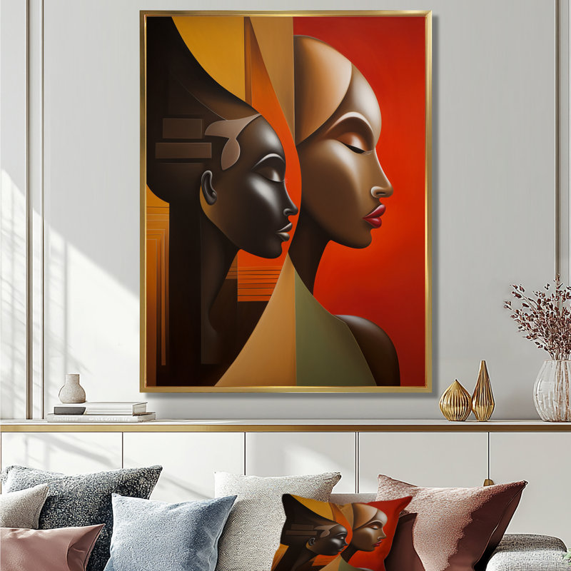 «Retro Minimal Double Ebony Profile III - Masque africain», reproduction d'art, Cadre flottant doré