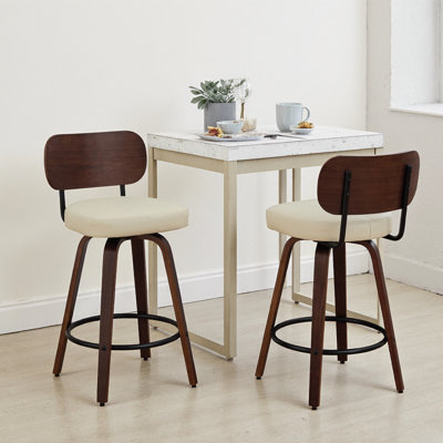 Swivel Bar Stools Set of 2, 26" Upholstered Faux Leather Counter Height Stools with Walnut Back & Bentwood Legs, Mid Century Modern, Beige