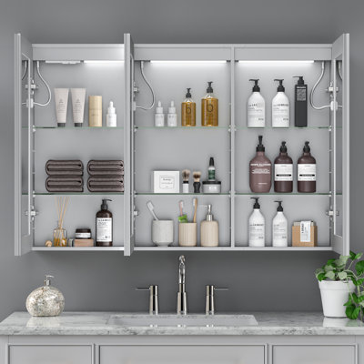 Led Lighted Medicine Cabinet With Adjustable Shelves, 48*32Inches, 3 Colour Temperatures, Fog, Recessed Or Wall Mounted, Brightness, Spacious Storage, Silver+Silver Cabinet, Illumination, Customizable