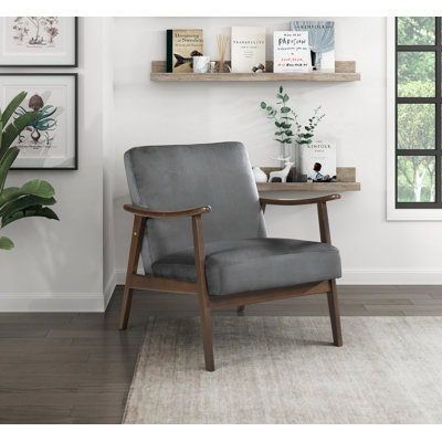 Chaise d'appoint de style Mid-Century moderne en velours gris foncé avec revêtement en noyer foncé et coussins en mousse haute résilience
