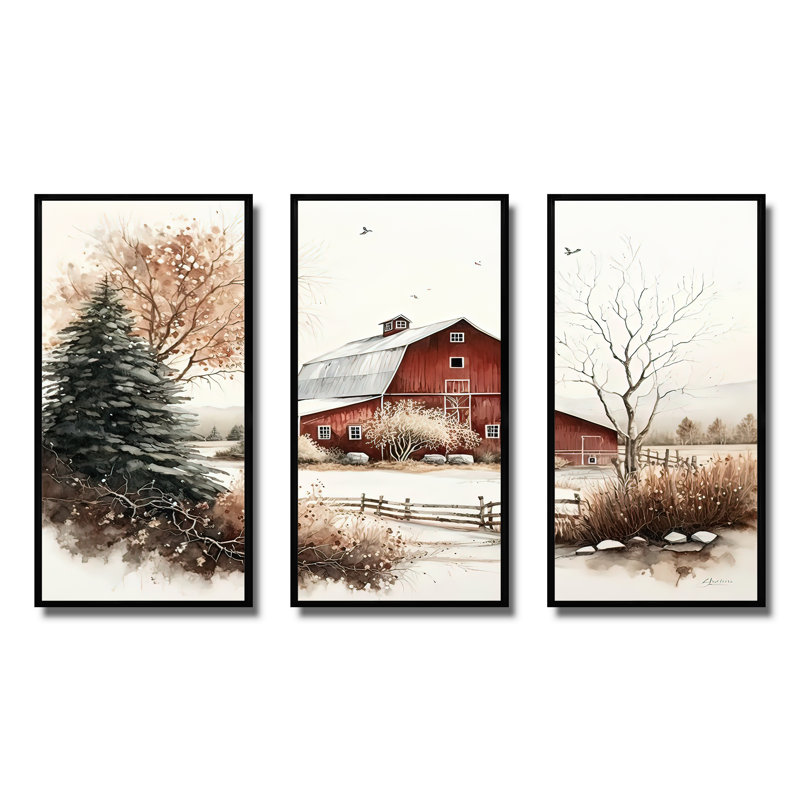 Calm Red Barn In Winter I - ensemble d'art mural sur toile Farmhouse, H 28 po x l 36 po x P 1 po, Cadre flottant noir