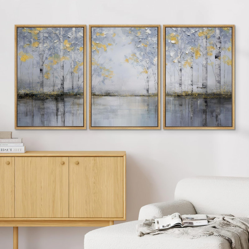 Birch Tree " Winter's Breath Snowy Birch Chilled Forest Landscape Illustration Modern Artwork Ultra " 3 - Pieces, Naturel