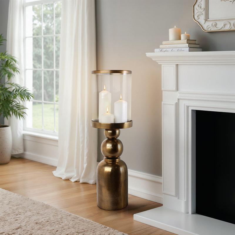 Porte-bougie moderne en métal et verre avec base décorative en fer, H 32 po x l 10 po x P 10 po