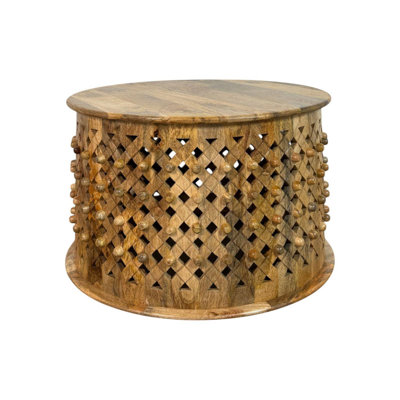 30" Natural Solid Wood Round Drum Coffee Table
