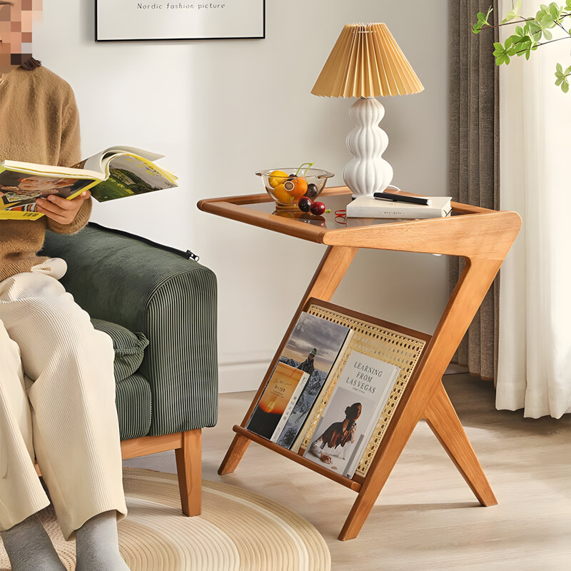 Table de bout en bois massif avec plateau en verre - table d'appoint minimaliste pour le salon, la table basse ou la table d'angle