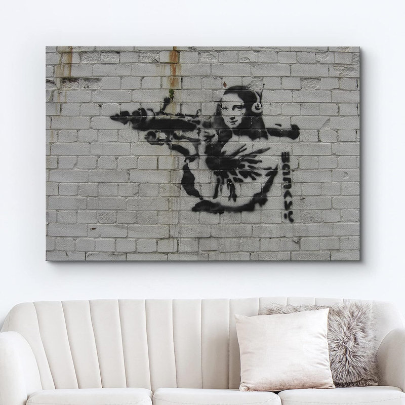 Banksy Mona Lisa avec lance-roquettes sur toile, Toile tendue, H 12 po x l 18 po x P 1,5 po