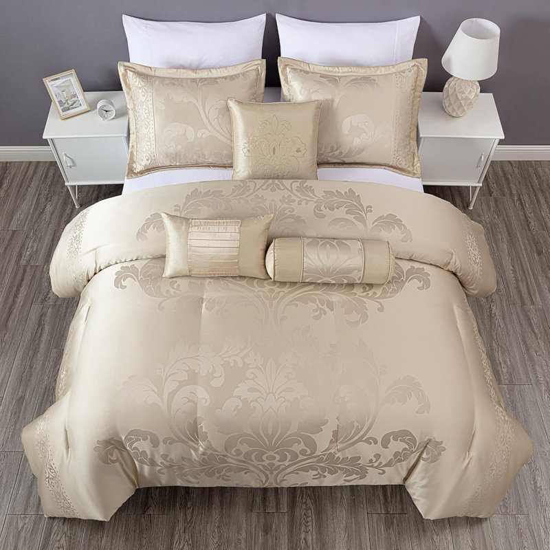 Royale Jacquard Floral 7 Piece Comforter Set, Queen Comforter + 6 Additional Pieces, Champagne