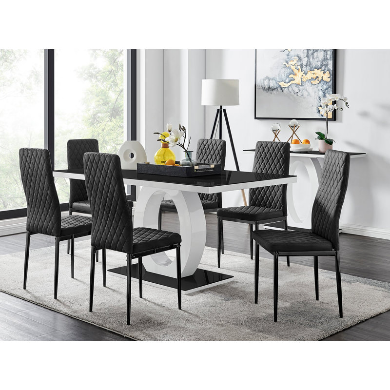 Scottsmoor Modern Halo 6 Seat Dining Table Set - Luxury Velvet Dining Chairs, Black, Black, Black/Black