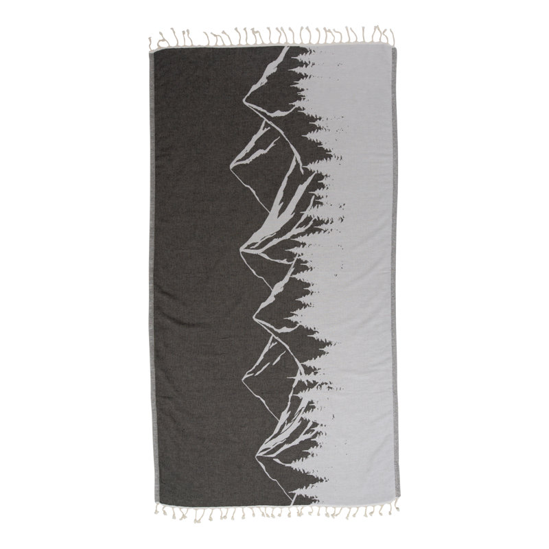 Chanyah Soft Organic Cotton Mountain Print Turkish Towel, Sand Resistant Beach Peshtemal, Thin & Absorbent, 66” x 36”, Black