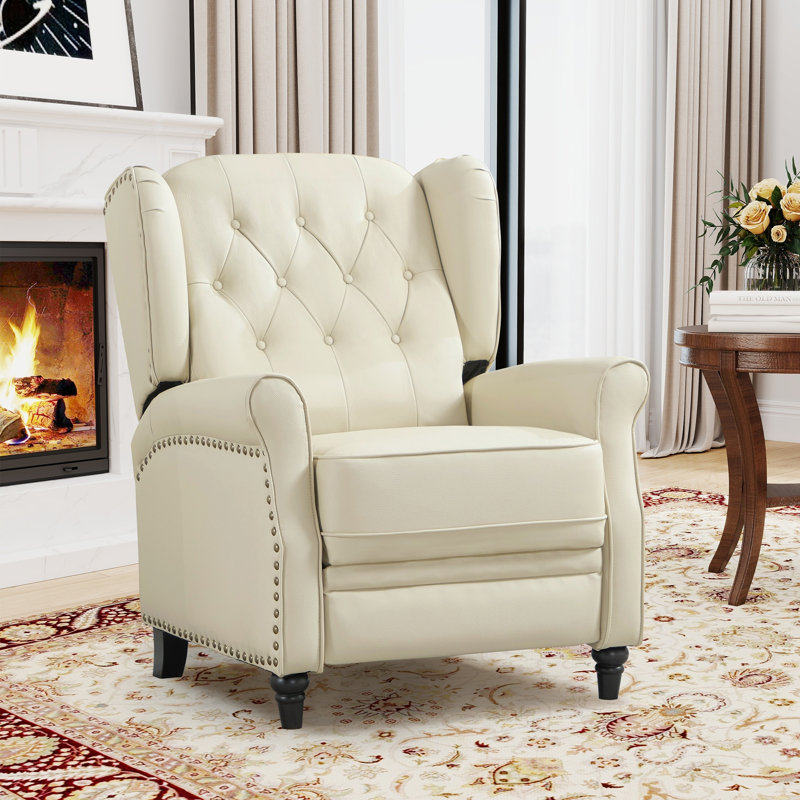 31.1" Wide Classic Top Grain Leather Push Back Recliner With Wingback Design, Beige crème