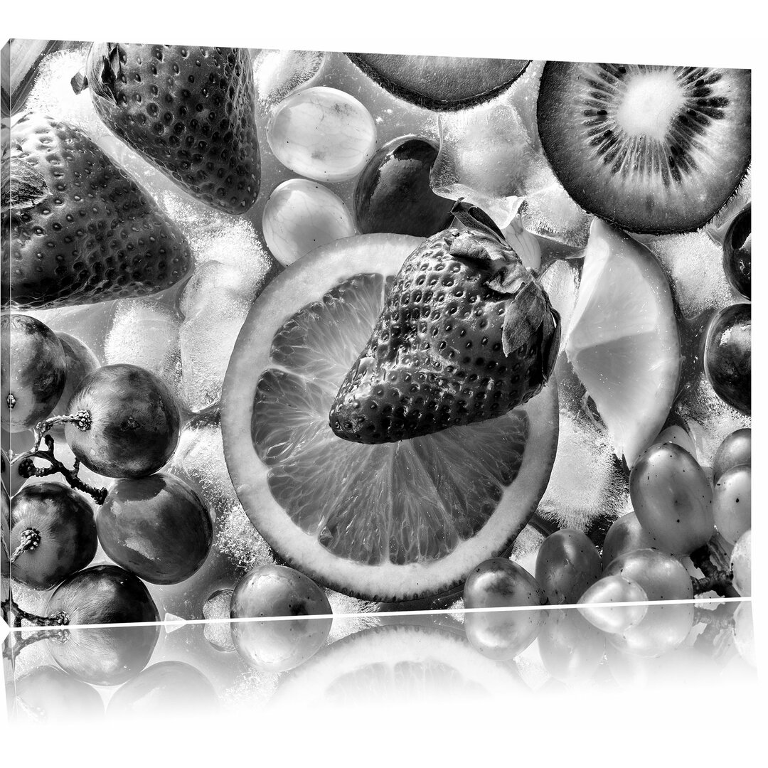 Leinwandbild Kiwi Apfel Birne Obst Obstsalat in Monochrom