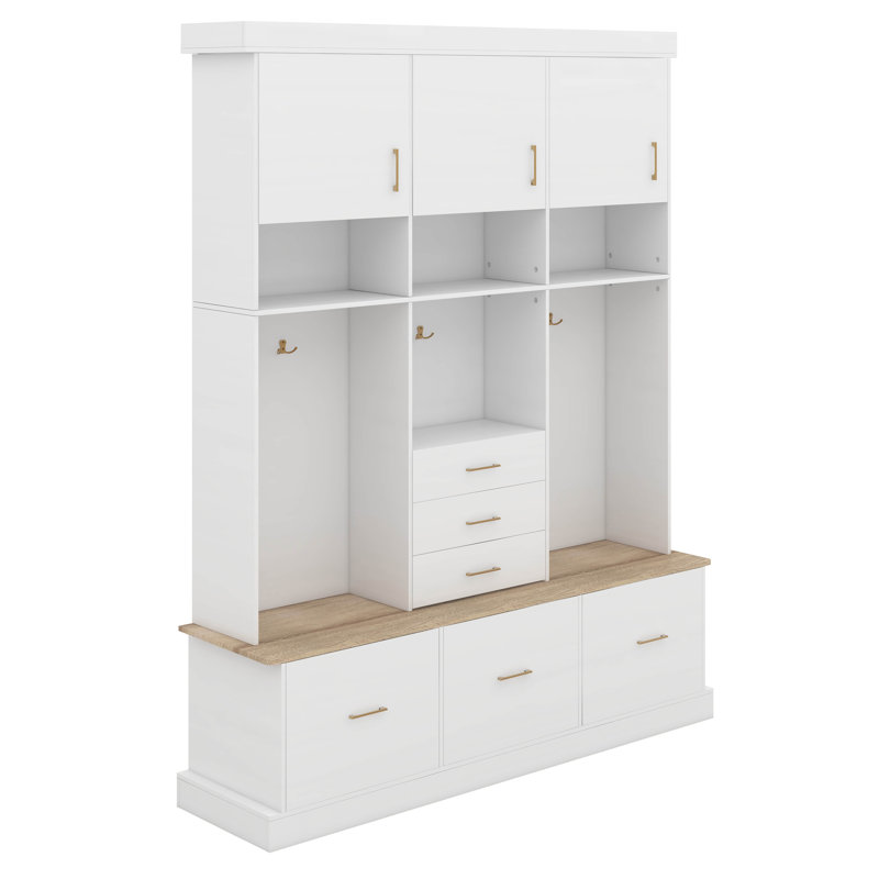 5-In-1 Modern Hall Tree With Bench, 75" Entryway Storage Organizer With Coat Hooks, 6 Drawers & 3 Cabinets, White