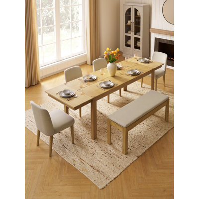 Logan Upholstered Beige Dining Chair Set Of 4 And 64" Bench, Modern Farmhouse Solid Wood 6 Piece 91" Extendable Dining Table Set For Dining Room Kitchen