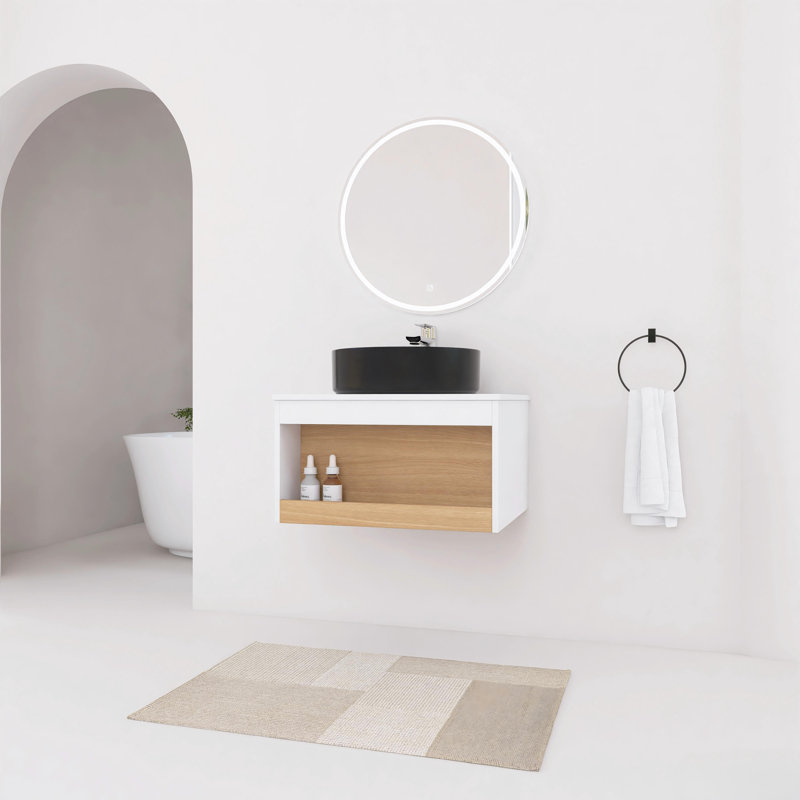 Meuble-lavabo flottant 24 po avec lavabo vasque rond en céramique, rangement ouvert, Noir mat