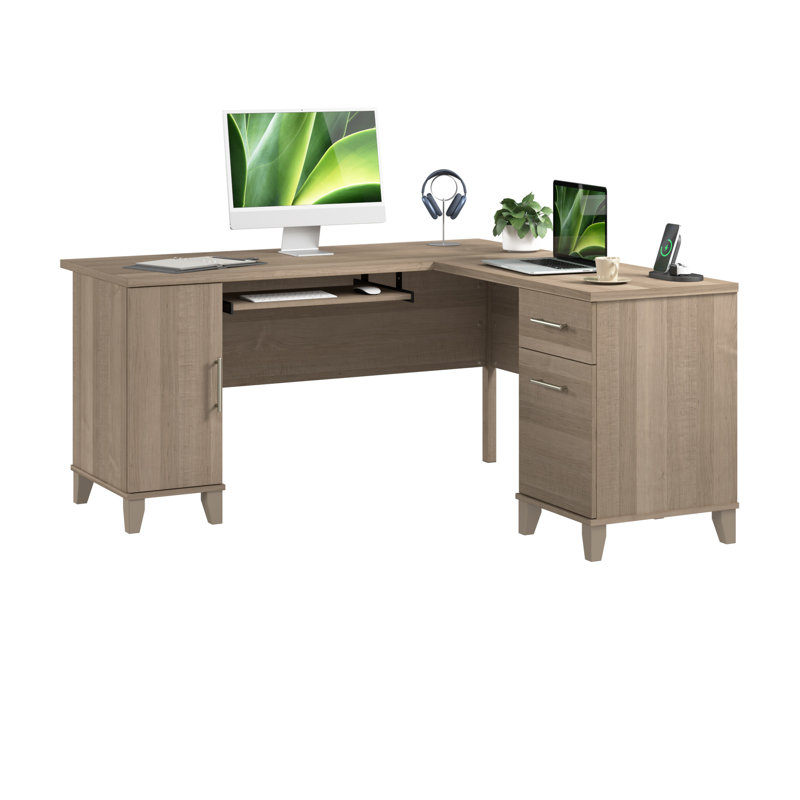 Paelynn 60” L-Shaped Desk with Storage and Drawers, Corner Computer Office Desk, Modern Wood, Ash Gray, Ash Gray