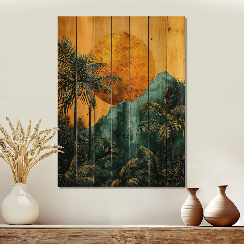 Emerald Palm Trees On Golden Tropical Sunrise III - Palms & Palm Trees Wood Wall Decor, 20" H x 10" W x 0.78" D