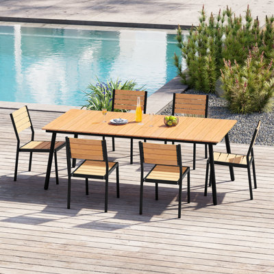 Ensemble repas pour 6 personnes en aluminium avec trou pour parasol et chaises empilables