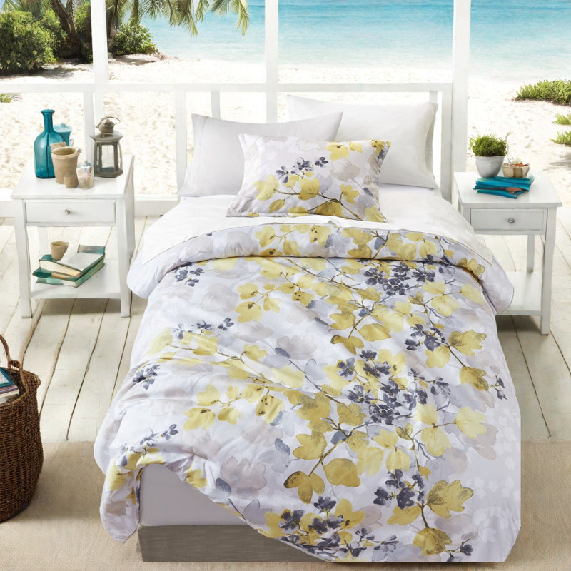 Ensembles de literie botanique moderne, édredon en polyester ultra doux avec poches de rangement pratiques, motif à feuilles jaunes et grises pour lit double