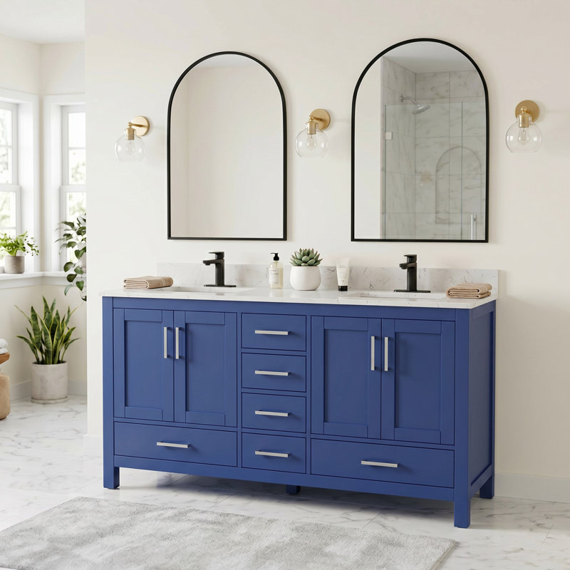 Ensemble de meuble-lavabo double 60 "avec miroir et comptoir en granite Bourrache, Blue