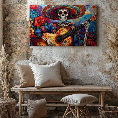 "Wall of Day of the Dead Celebration", toile murale squelette avec guitare