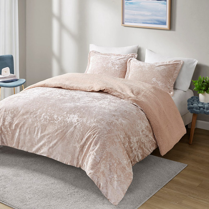 Ensemble d'édredon réversible en sherpa concassé, Édredon double + 2 taies décoratives standards, Rose