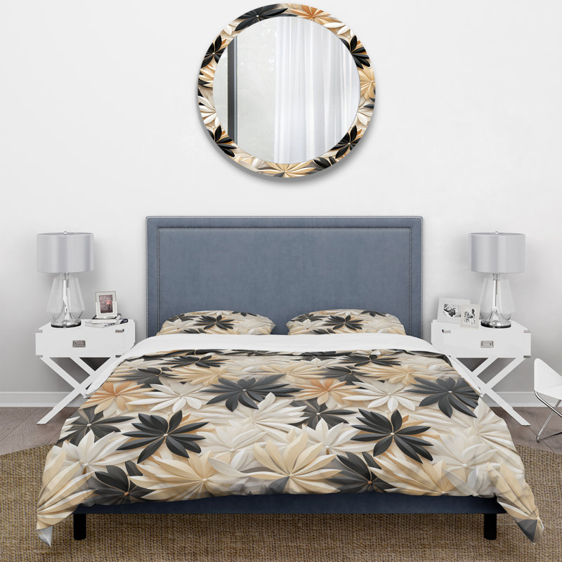 Ensemble de housse de couette White And Black Minimalist Flowers Serenity, Housse de couette simple + 1 taie décorative stan