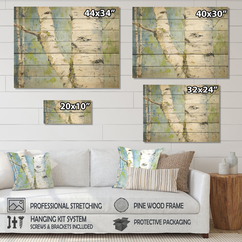 Bouleau blanc et vert minimaliste - impression sur bois, H 10 po x l 20 po