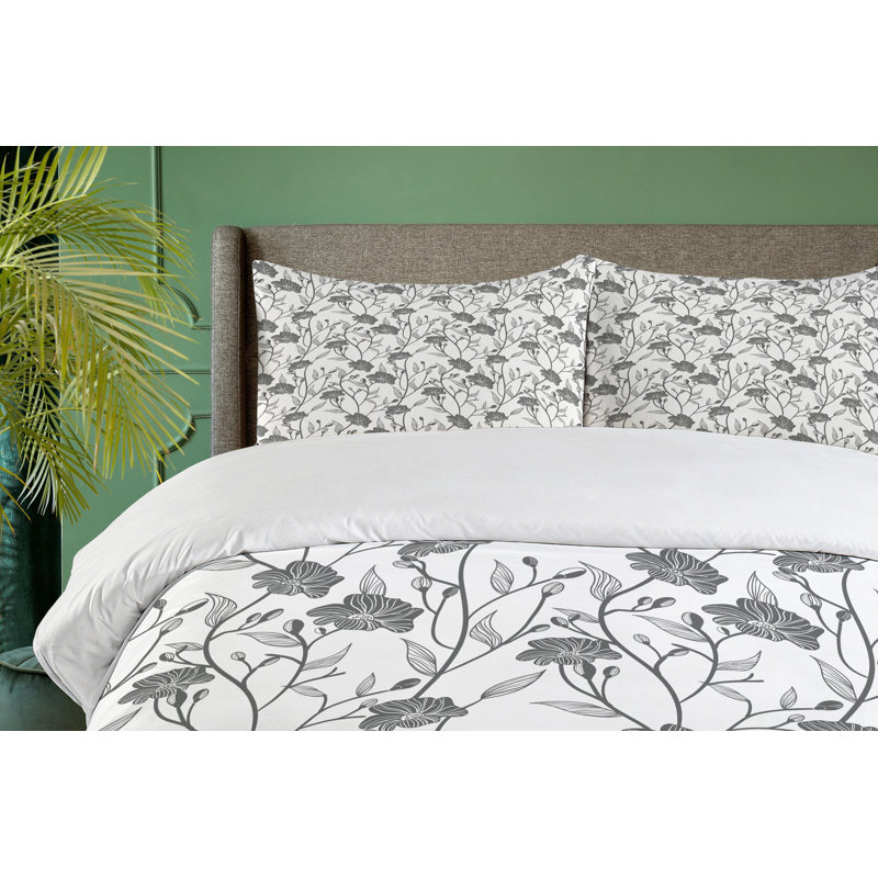 Cottage Americana Polyester Floral Duvet Cover, King Duvet Cover + 2 Shams, Modern Graphic Of Flowers And Branches