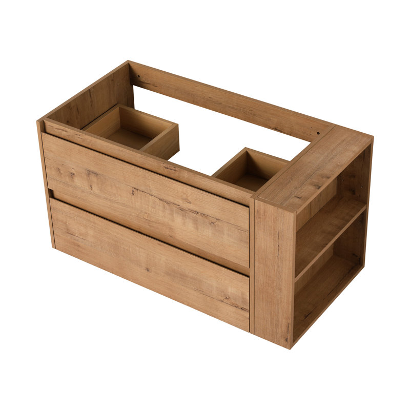 Wall Mount Bathroom Vanity 36", 45 Bevelled Handle, Soft Close 2/3 Extended Drawer, Imitative Oak, Plywood, Adjustable Shelves, Space Idea Mounted Renovation Project