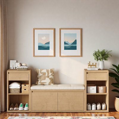 Storage Bench With Cushion, Compartments, Drawers And Open Shelves