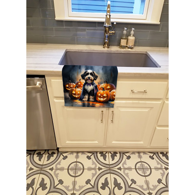 Bernedoodle Puppy Halloween Kitchen Towel, Bernedoodle