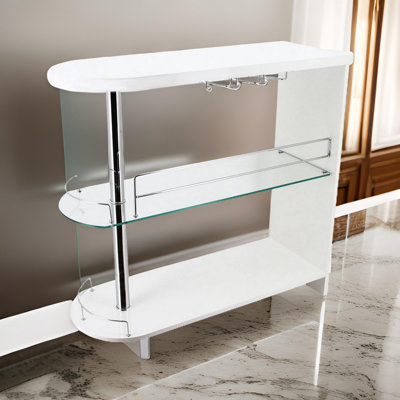 Kalyani 42 Inch Modern Bar Table, 3 Shelves, Tempered Glass, Black, Chrome by Orren Ellis