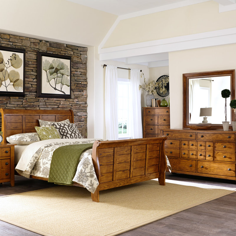 Ensemble de chambre avec lit-bateau, commode et miroir Oconee, Brun, 3 pièces: lit, commode, miroir, Très grand californien