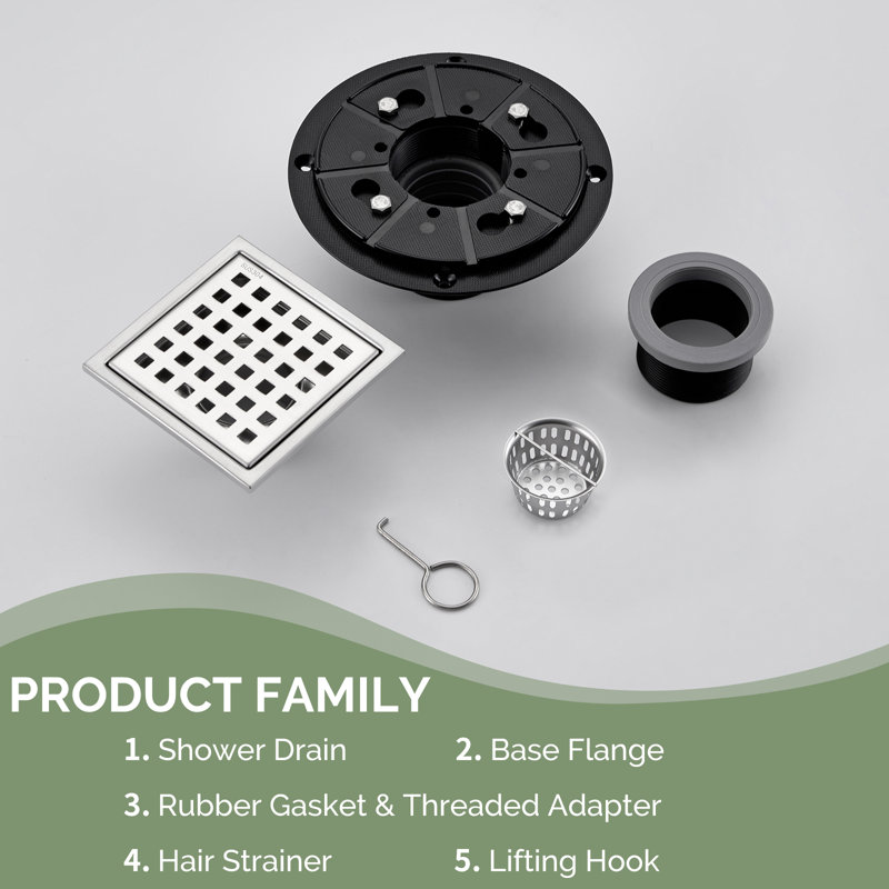 4.33'' Square Grid Shower Drain With Flange, Brushed Nickel