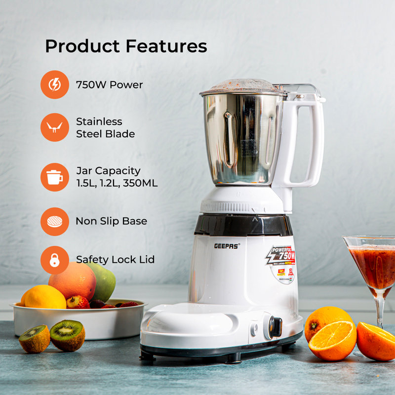 Geepas 750W 3-in-1 Mixer Grinder, Stainless Steel Jars & Blades – 3 Speed, Safety Twist Lock