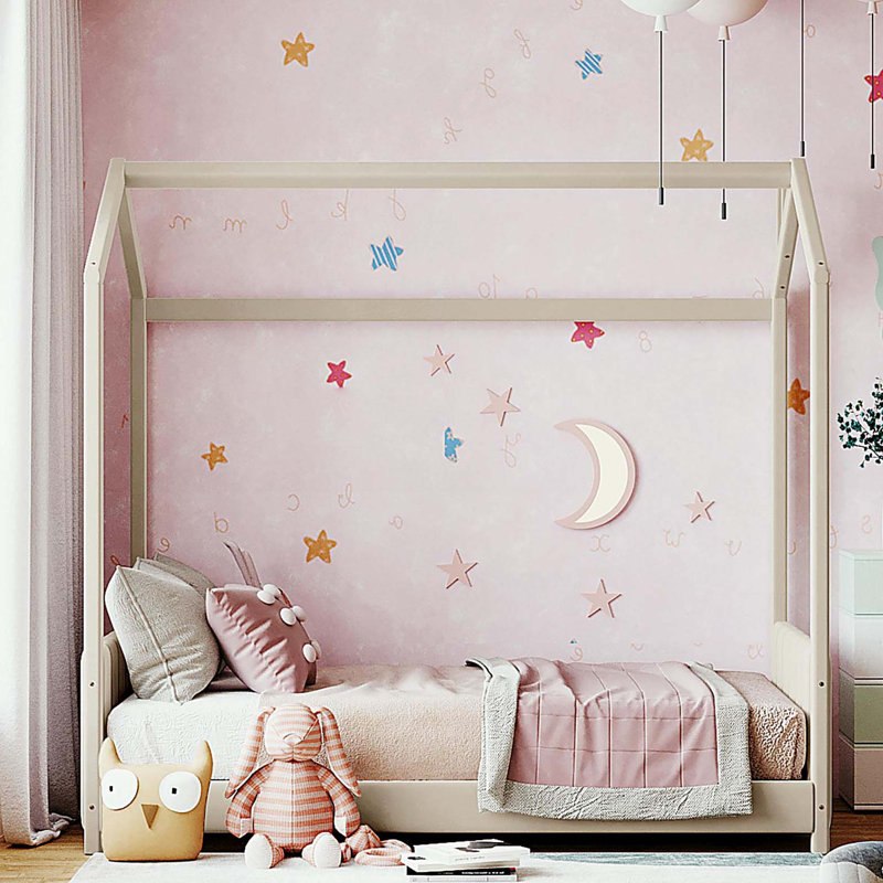 Lit simple en bois et velours, beige, Beige, Lit simple